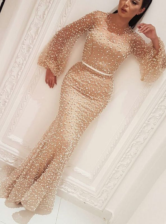 Sexy Long Sleeves Prom Dresses 2020 | Cheap Sheath Beaded Evening Dresses ,DS2913