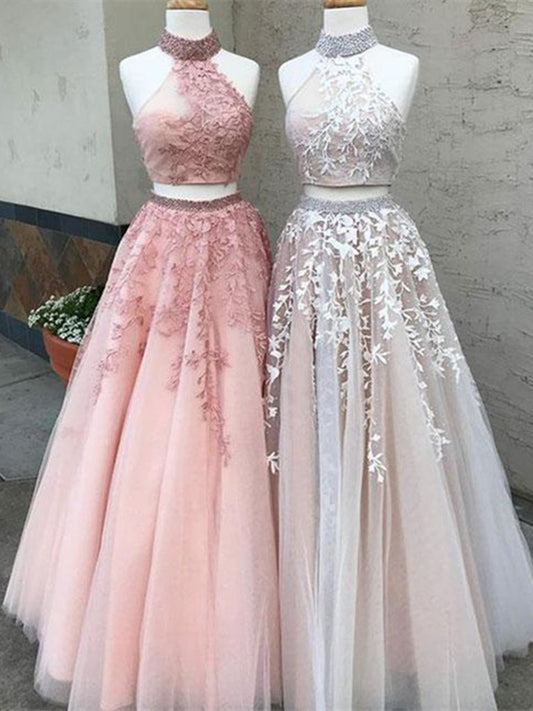 2 Pieces Champagne/Pink Lace Prom Dress, 2 Pieces Lace Formal Dress, 2 Pieces Lace Graduation Dress,DS1907