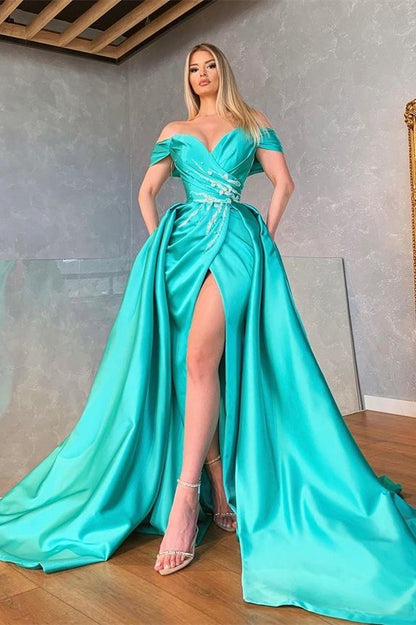 Glamorous Off-the-Shoulder Split Prom Dress Long Overskirt With Beads,F04771