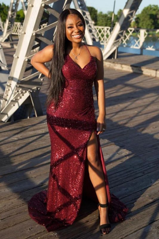 Sexy Halter Front-Split Ruby Mermaid Prom Dresses With Sequins,DS2819