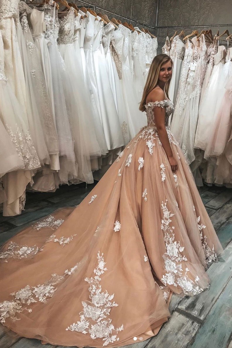 Champagne sweetheart tulle lace long prom dress champagne evening dress,DS2381