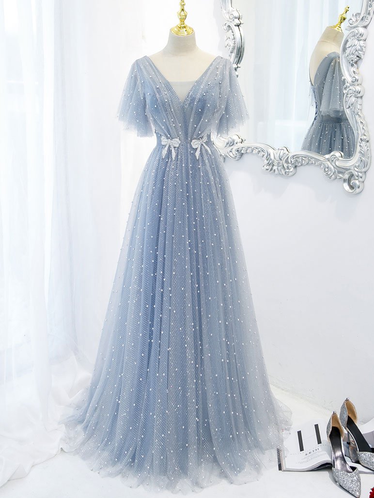 Blue v neck tulle beads long prom dress, blue tulle formal dress,DS1945