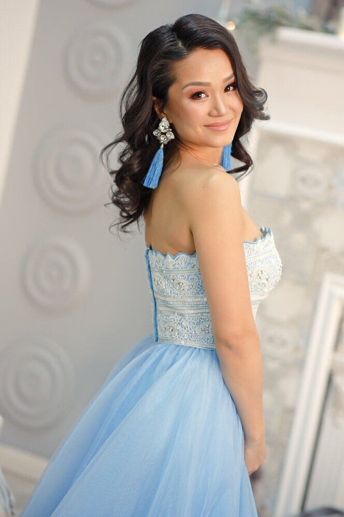 Princess Strapless Sky Blue Long Tulle A Line Prom Dress with White Lace.DS3039