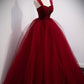 Burgundy Tulle Ball Gown Long Prom Dresses,Winter Formal Dresses,DS3298