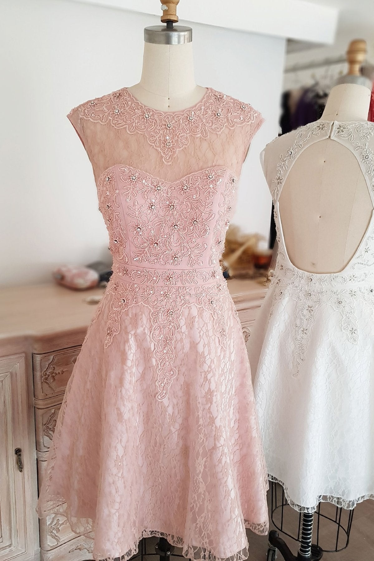 Cute round neck tulle lace short prom dress lace bridesmaid dress,DS1193