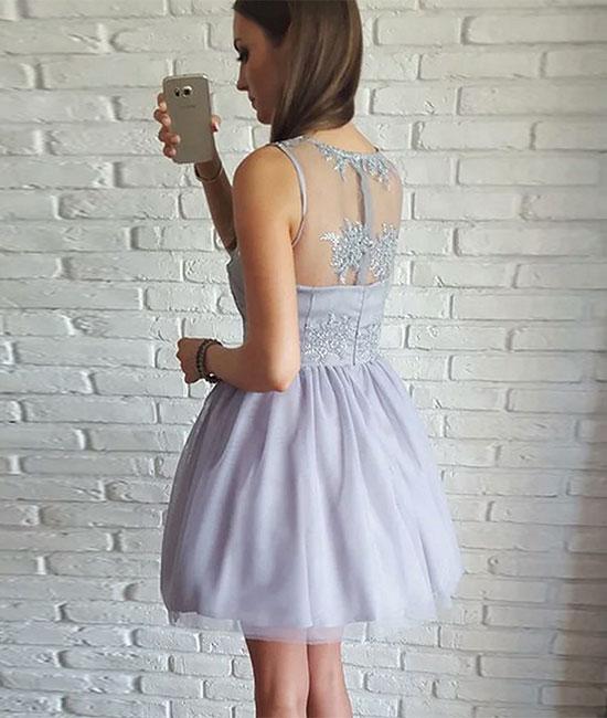Gray v neck lace tulle short prom dress homecoming dress,DS1306