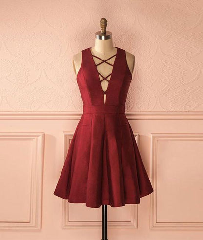 Cute burgundy short prom dress, simple homecoming dress,DS1341