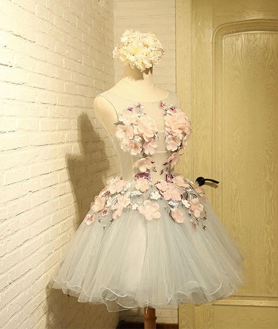 Cute round neck gray tulle lace applique short prom dresses,DS1309