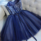 Blue sweetheart tulle lace short prom dress, homecoming dress,DS1304