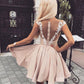 Cute pink lace short prom dress, pink homecoming dress,DS1276
