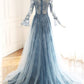 Blue tulle lace Long sleeve prom dress, blue bridesmaid dress,DS2427