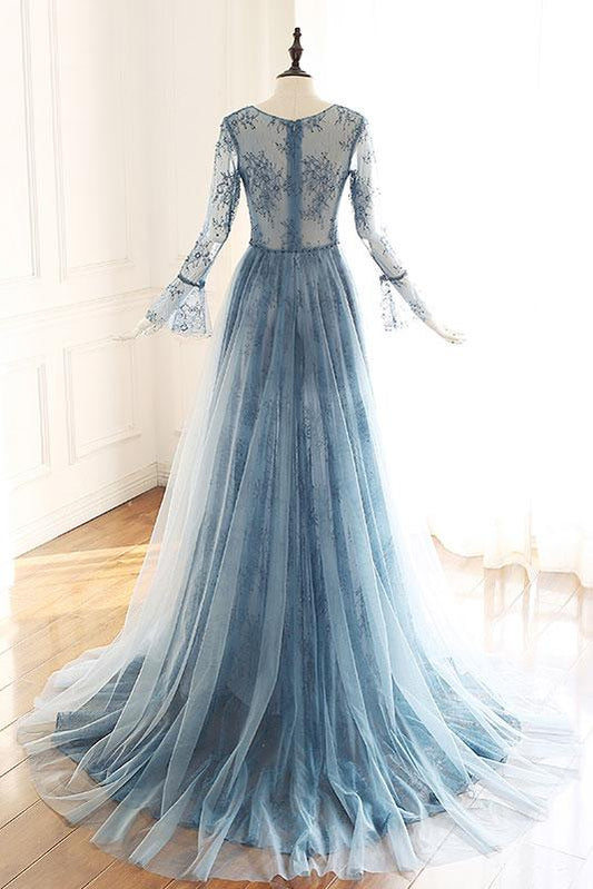 Blue tulle lace Long sleeve prom dress, blue bridesmaid dress,DS2427