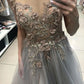 Gray v neck tulle lace long prom dress, gray evening dress,DS2420