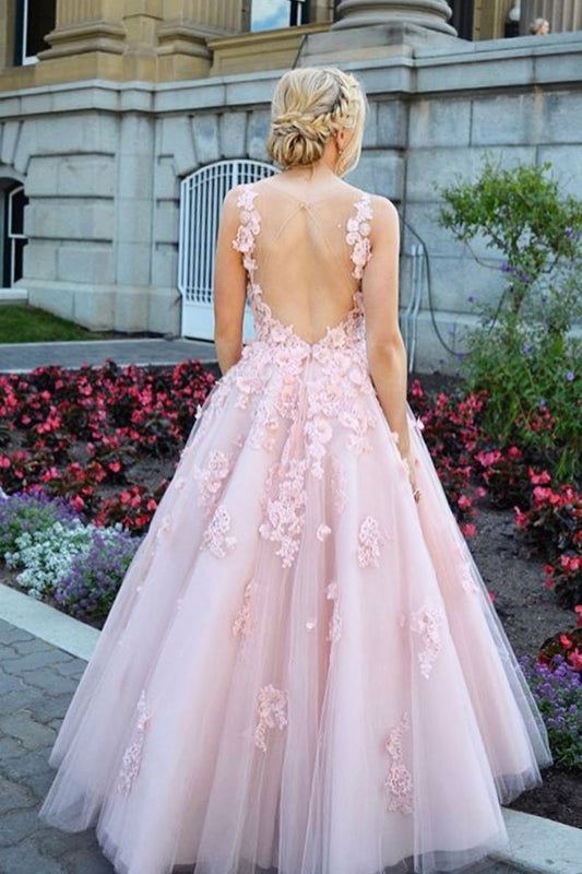 Pink tulle lace long prom dress, pink tulle sweet 16 dress,DS2440