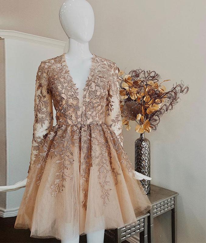 Champagne v neck lace tulle short prom dress, champagne homecoming dress,DS1262