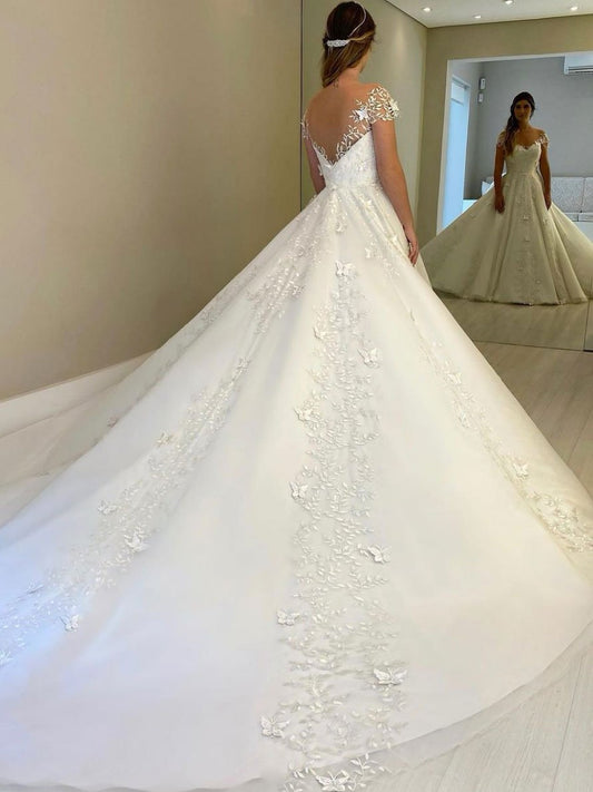 White off shoulder tulle lace long bridal dress, lace wedding dress ,DS2554