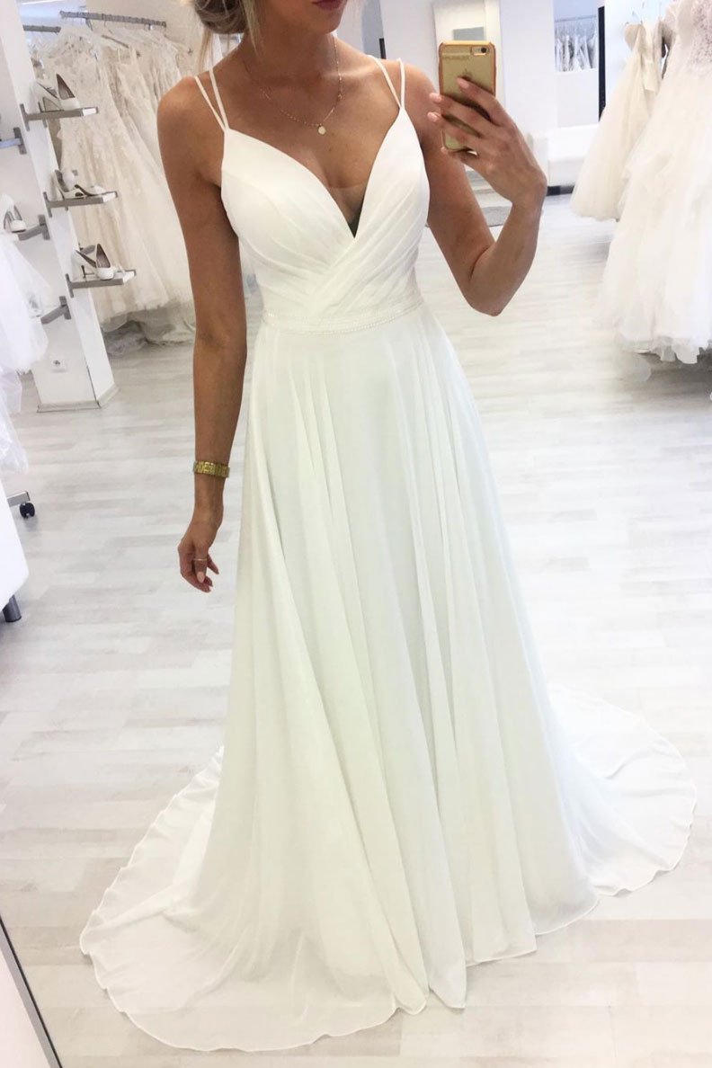 White v neck chiffon long prom dress white evening dress,DS2348