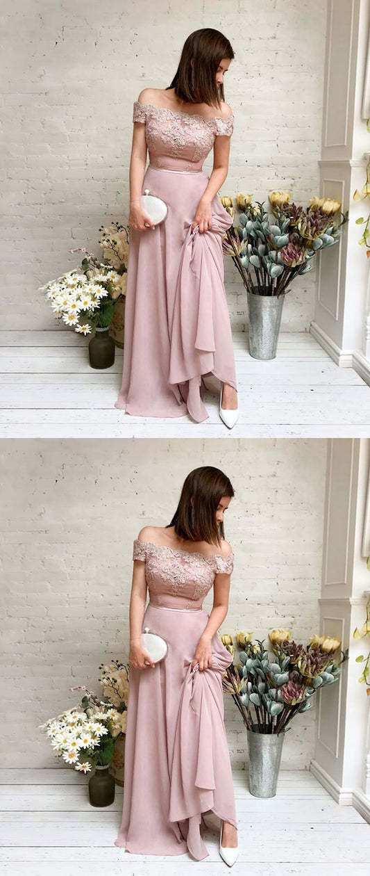 Pink chiffon lace off shoulder long prom dress, pink bridesmaid dress,DS2539