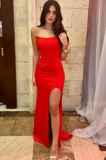 Simple Long Red Sexy Sleeveless Slit Mermaid Prom Dresses,F04798