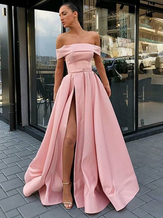 Custom Made Off Shoulder Pink Prom Dress with High Slit, High Slit Formal Dresses, Evening Dresses,DS1836