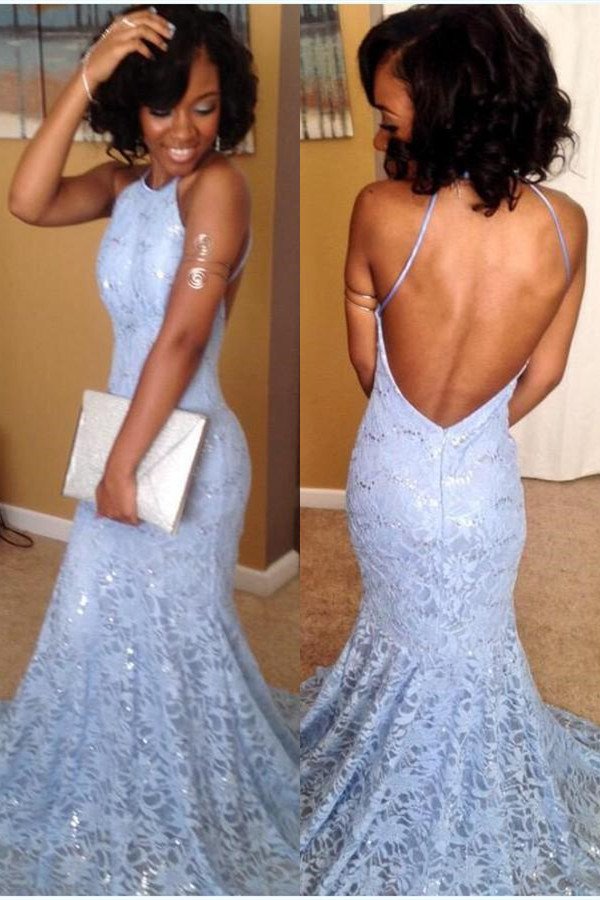 Glamorous Sky Blue Lace Backless Prom Dress Mermaid Long Sleeveless,DS4641