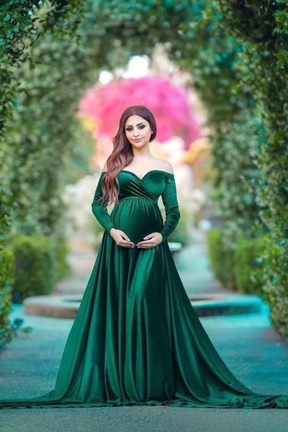 Green Velvet Maternity Gown for Babyshower,Prom Dresses,DS0373