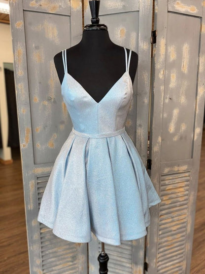 Simple v neck light blue short prom dress, blue homecoming dress,DS0802