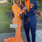 Fabulous Orange V-Neck Long Sleeves Prom Dress Mermaid Lace Party Gowns,DS4676