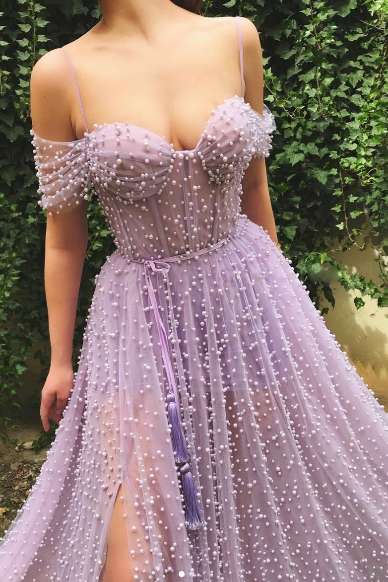 Purple sweetheart off shoulder tulle beads long prom dress,DS2337
