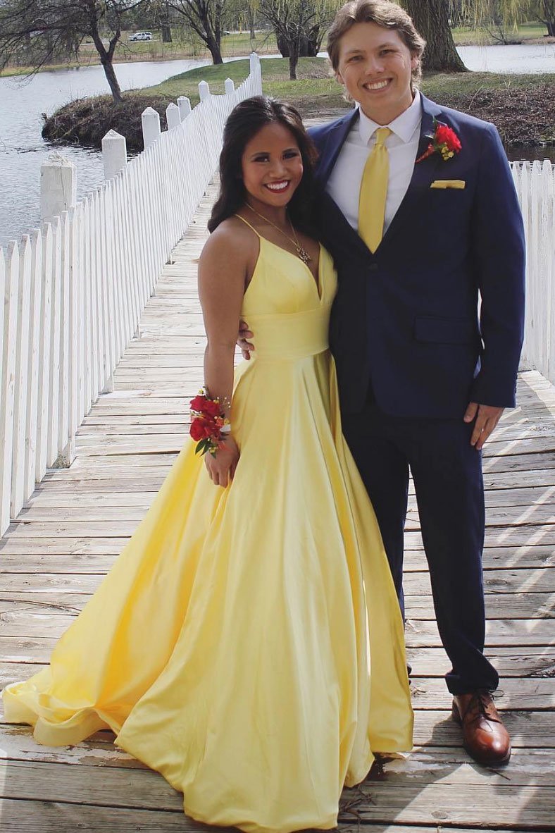 Simple yellow satin long prom dress, yellow evening dress,DS2407