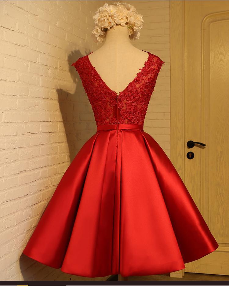 Cute Red Homecoming Dress, Round Neckline Lace and Satin Party Dress,DS1098