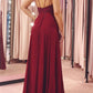 Burgundy v neck chiffon lace long prom dress burgundy formal dress,DS2117