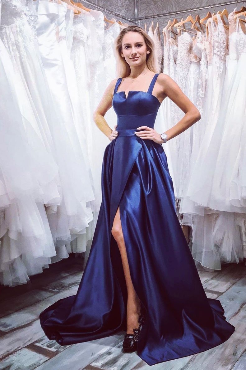 Simple satin blue long prom dress blue satin evening dress,DS2352