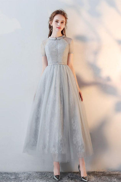 Gray tulle lace tea length prom dress gray tulle formal dress,DS2151