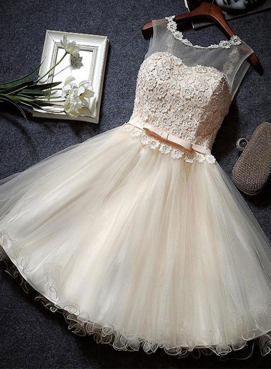 Lovely Champagne Tulle Party Dress, Cute Homecoming Dresses,DS1100