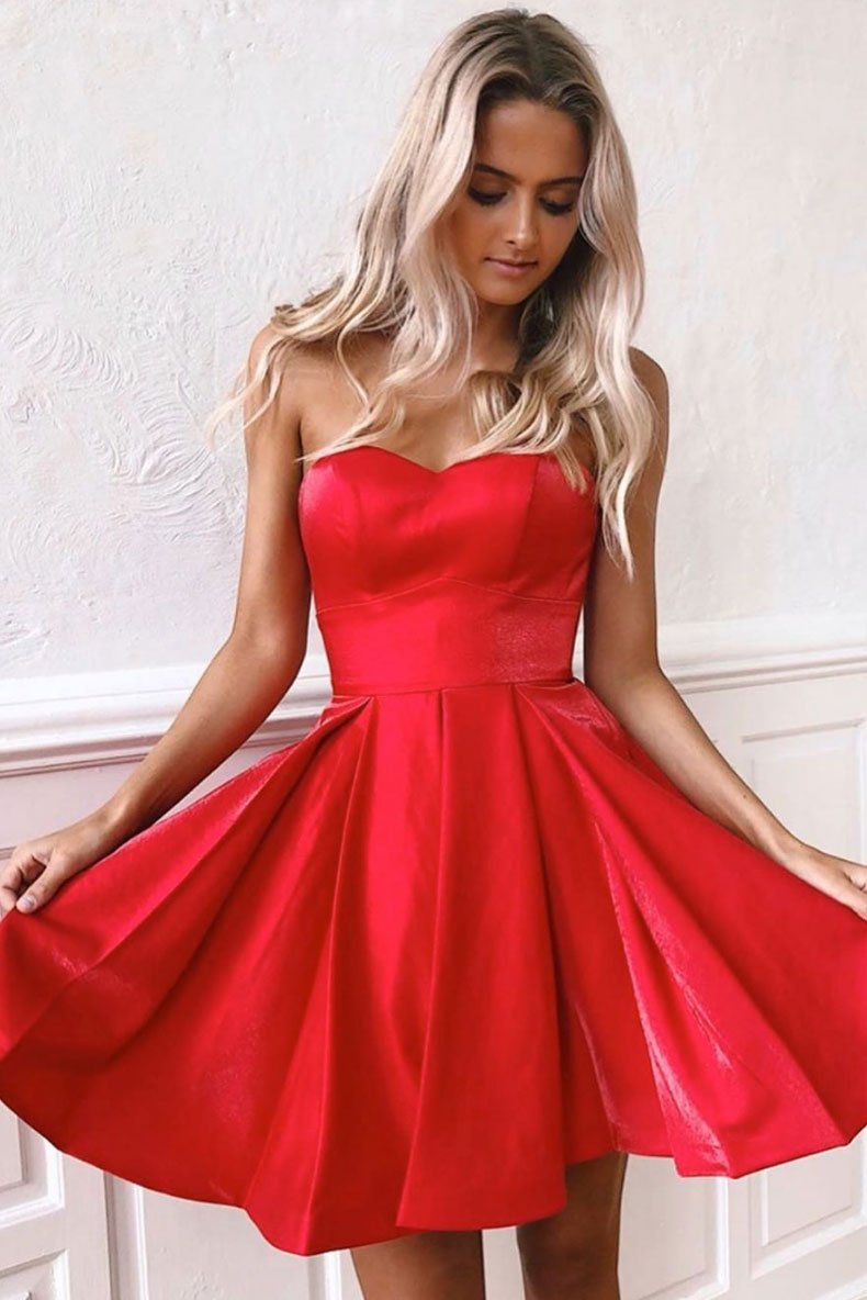 Simple sweetheart red satin short prom dress red homecoming dress,DS1166