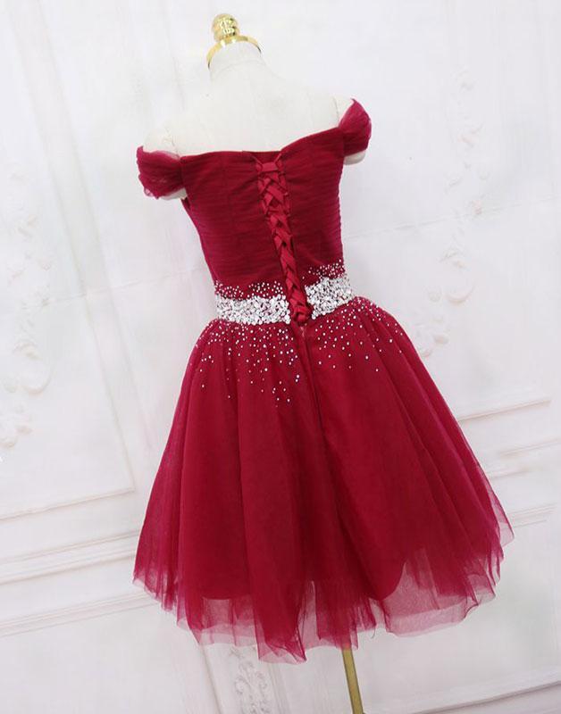 Adorable Dark Red Homecoming Dress Tulle Off the Shoulder Party Dress,DS1104