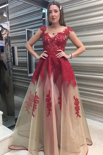 Unique A-line tulle lace long prom dress red lace formal dress,DS2378