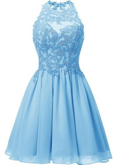 Lovely Chiffon Halter Homecoming Dress, Knee Length Party Dress with Lace Applique,DS1094