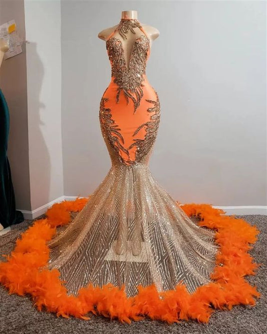 Orange South African Prom Dresses Mermaid Appliques Beaded Feather Black Girls,BL18621
