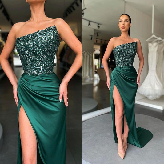 Sequins Elegenat Long Dark Green Prom Dress With Slit,DS3255