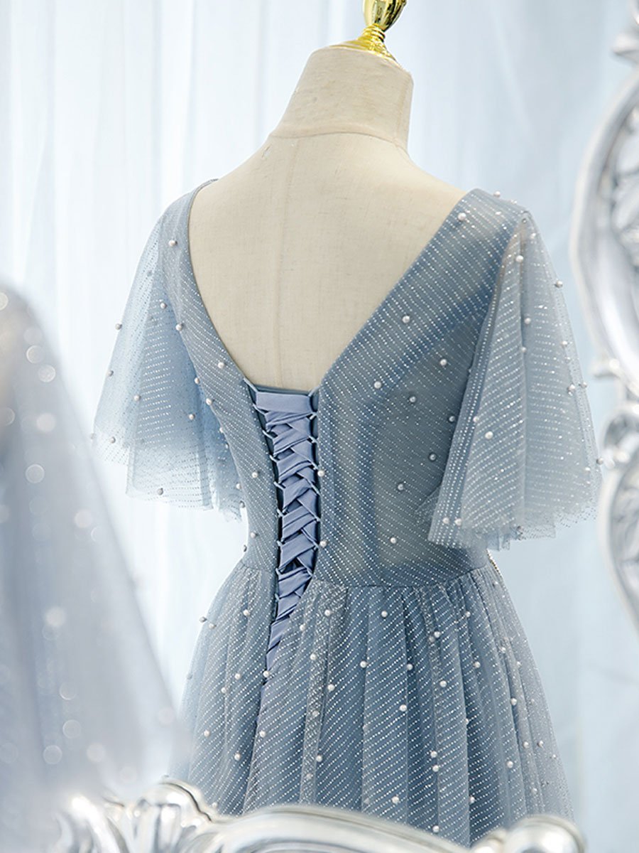 Blue v neck tulle beads long prom dress, blue tulle formal dress,DS1945