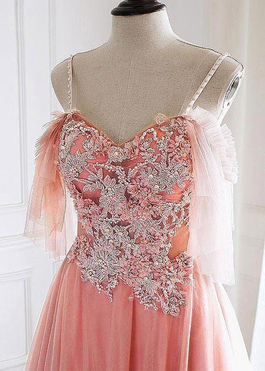 TULLE SPAGHETTI STRAPS 3D FLOWERS BEADING CORAL A-LINE PROM DRESS,DS2984