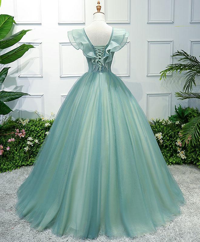 Gorgeous Green Long Tulle with Lace Applique Sweet 16 Dress, Green Formal Gown,DS4472