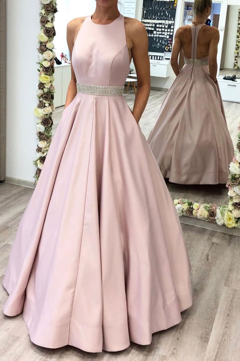 Pink high neck satin long prom dress pink evening dress,DS2314