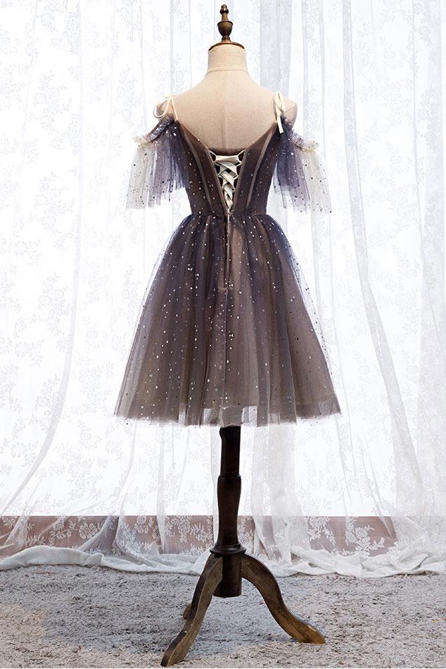 Cute tulle short prom dress tulle lace gray homecoming dress,DS2288