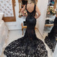 Black v neck lace mermaid long prom dress, black evening dress,DS1940