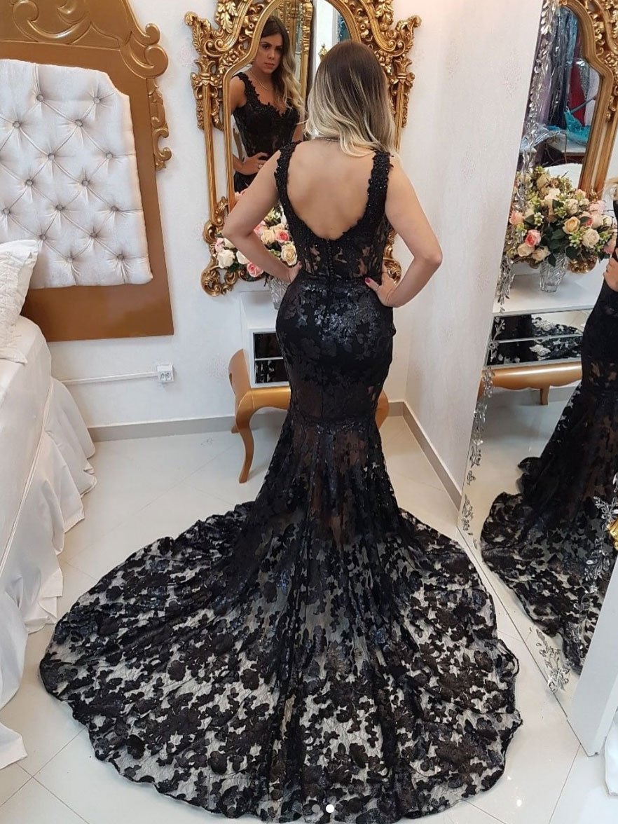 Black v neck lace mermaid long prom dress, black evening dress,DS1940