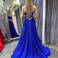 Royal blue satin long prom dress, backless long evening dress ,DS4009