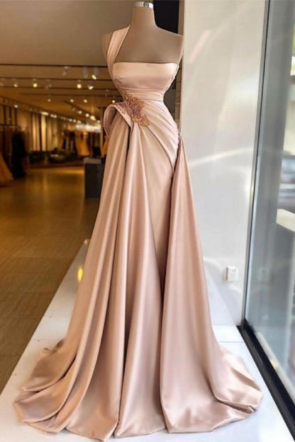 Elegant Long Champagne High Split Prom Dresses,F04825